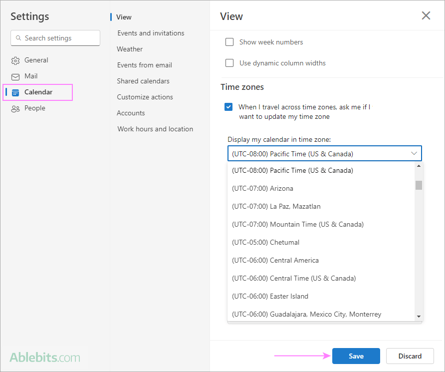 Set time zone in Outlook on the web.