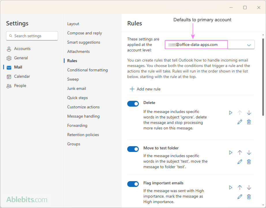 Account-specific settings in the new Outlook default to the primary account.