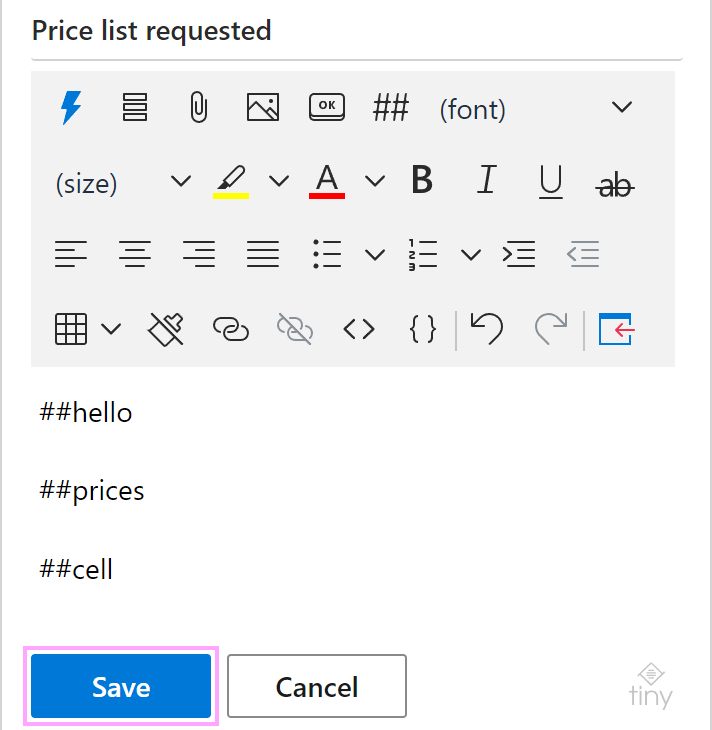 Template shortcuts in a template