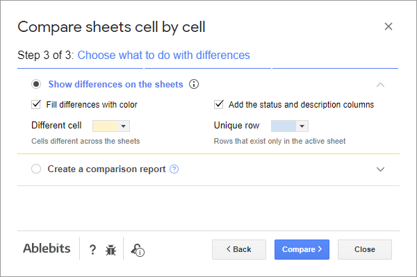 Mark differences on the sheets with colors & a status column with descriptions.