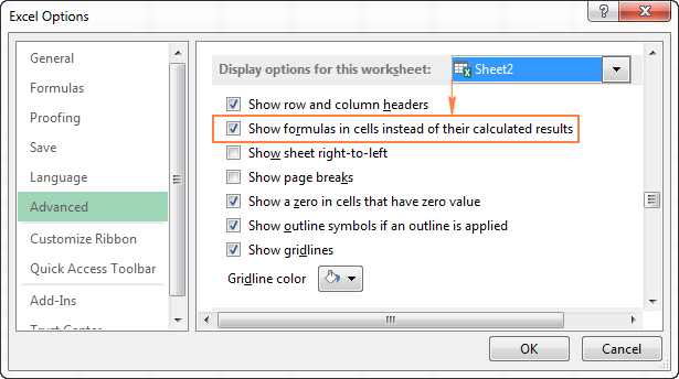 Show formulas in cells instead of their calculated results