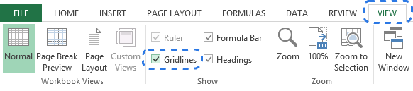 Select the Gridlines checkbox on the VIEW tab to show gridlines in Excel