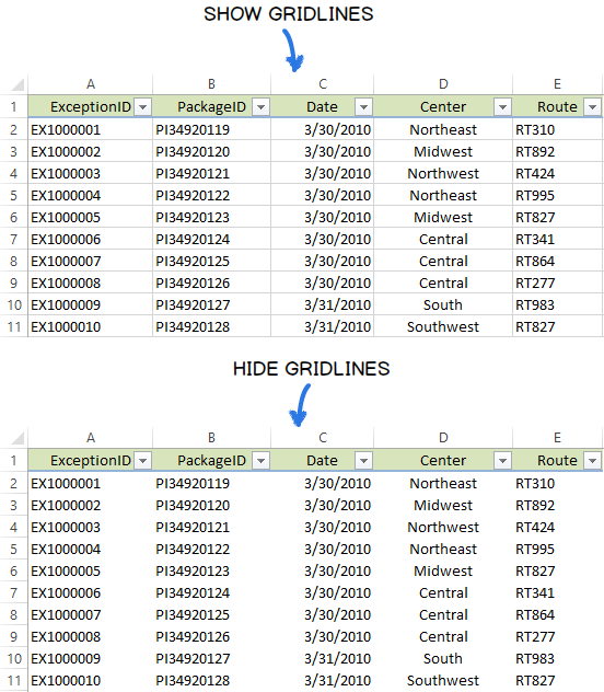 Sample worksheet with and without gridlines