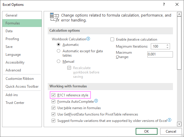 The option to show column numbers in Excel