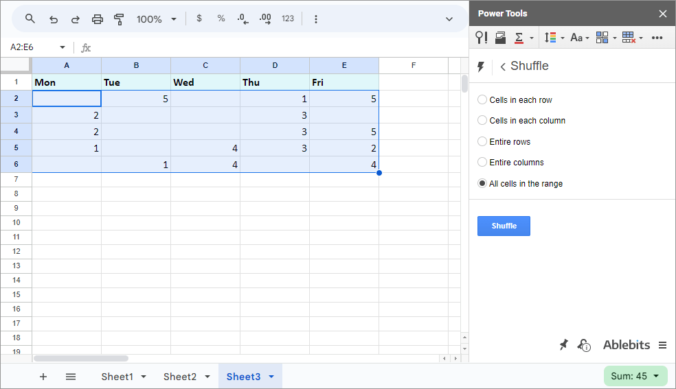 Rearrange all cells within the selection randomly.