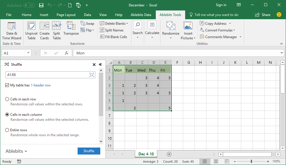 …you can shuffle cells within each column or row…