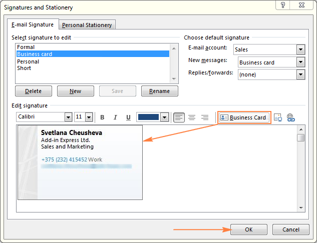 Creating an Outlook signature based on business card.