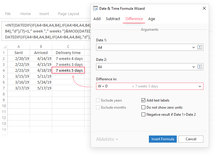 Find difference between two dates - Date & Time Formula Wizard for Excel