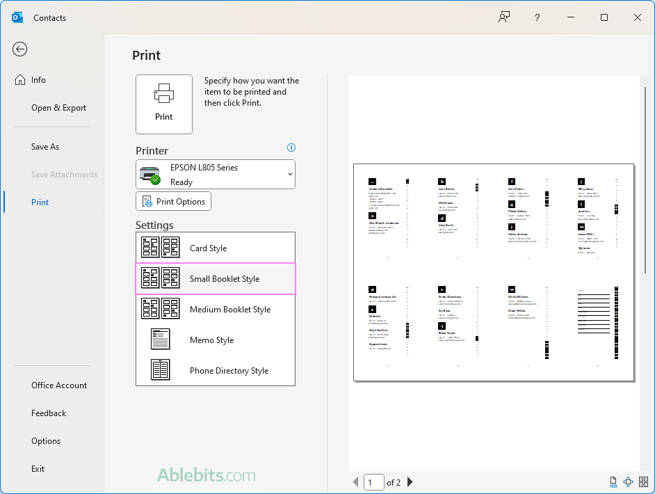 Outlook contacts small booklet style