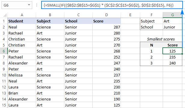 SMALL IF formula to return bottom values with multiple criteria