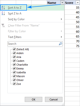 Soring a column from A to Z