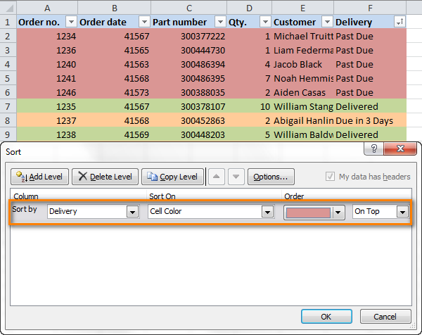 Sort cells by colour using Excel's Custom Sort feature.