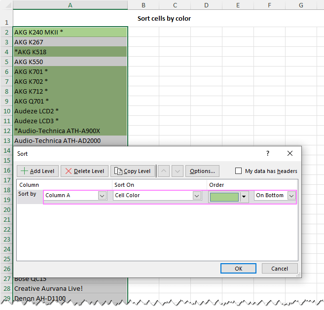 Sort cells by color.