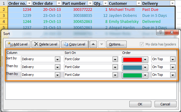 Sorting by font color in Excel