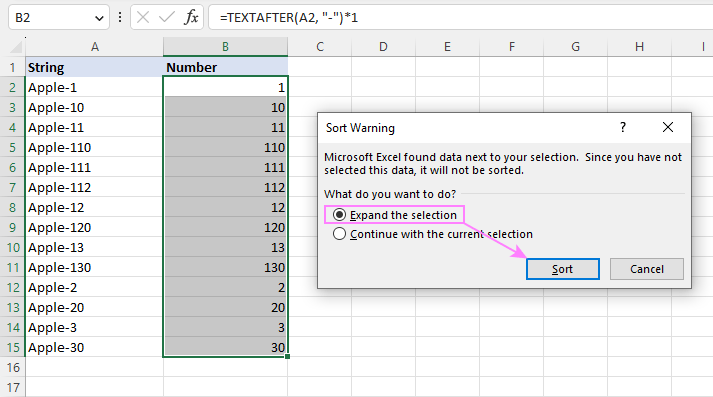 Sort strings by numbers.