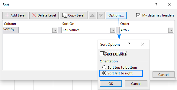 Sorting columns from left to right.