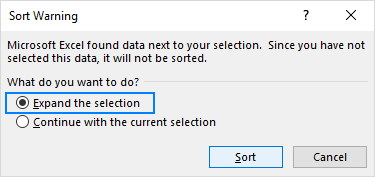 Expand the selection to sort the whole table.