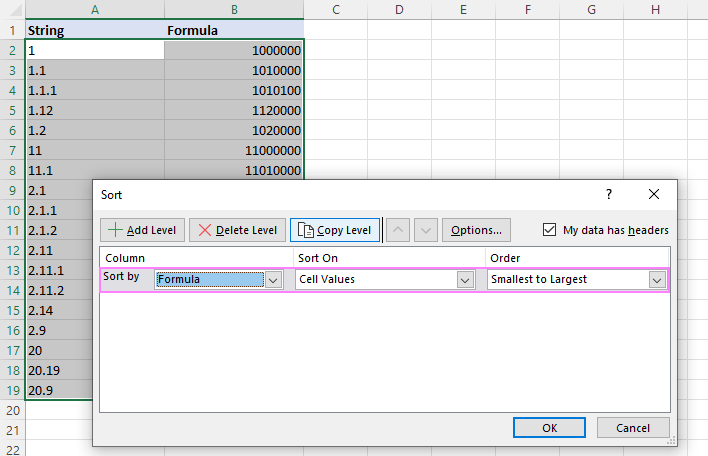 Sort the multilevel strings by the formula column.