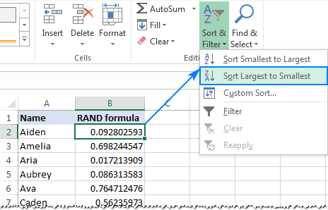 Sort the column filled with random numbers in ascending order.