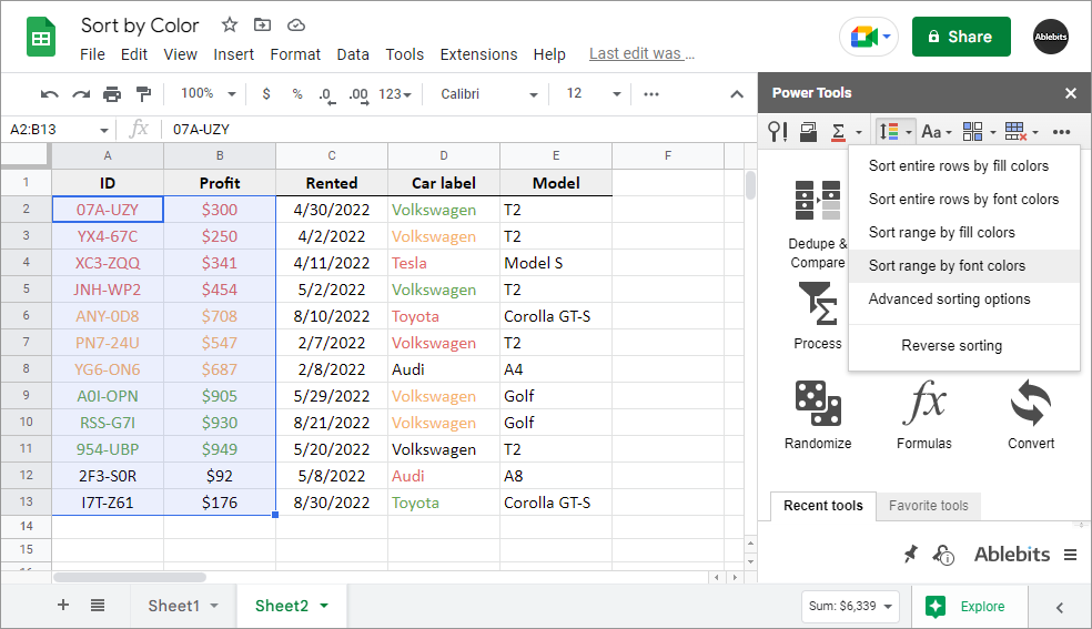 Organize only the selected range by font colors.