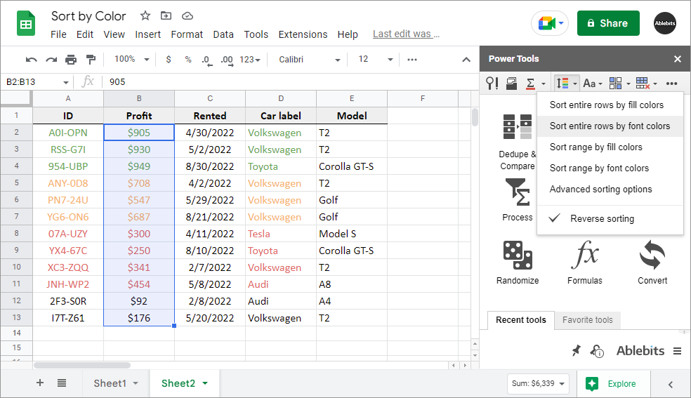 Arrange entire rows by font colors.