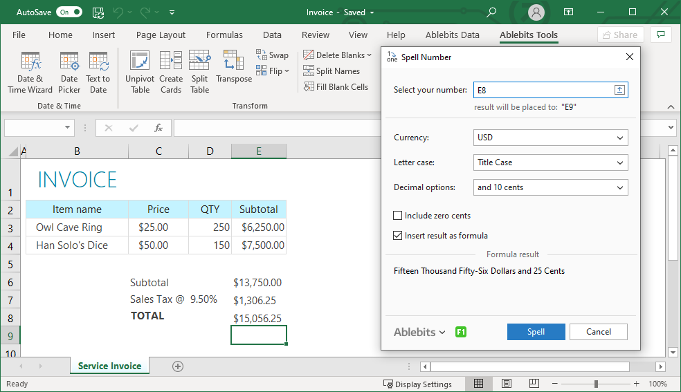 Select a cell with the number you want to convert to words and select the currency, letter case, decimal options for the result