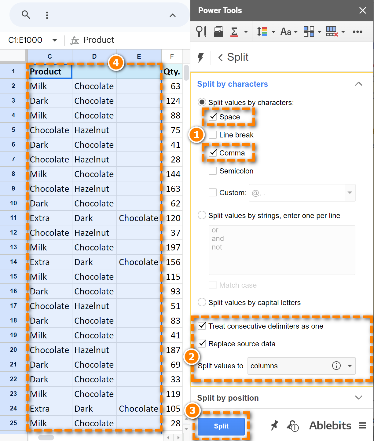 Separate text in Google Sheets by comma and space using Power Tools.