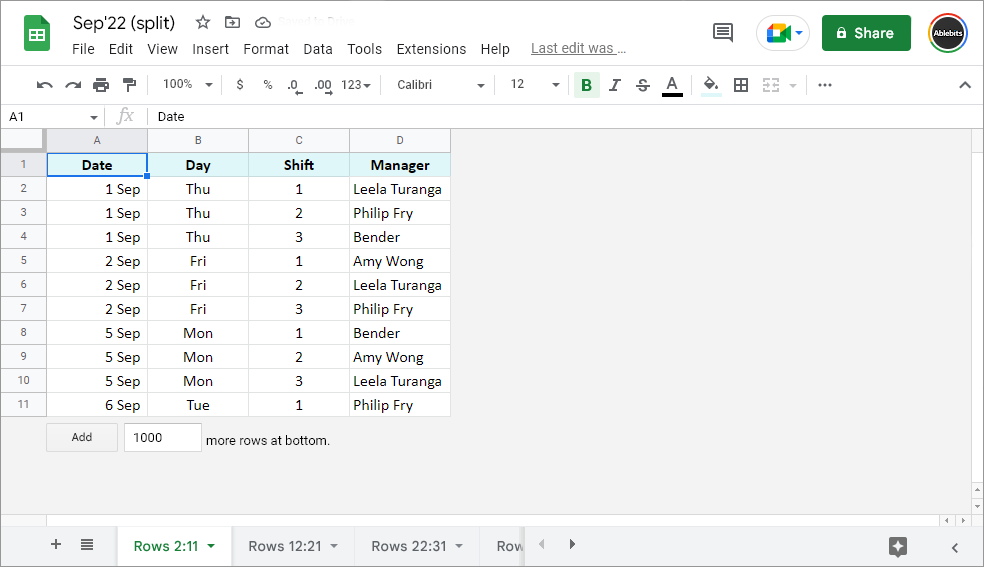 See sets of 10 rows from the original table, each on its own tab.