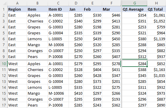 Splitting the worksheet into four parts