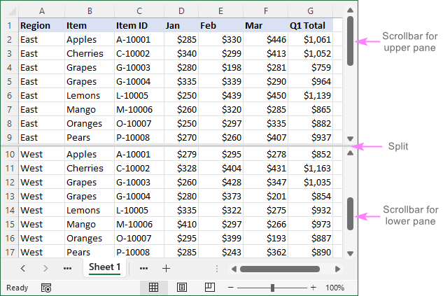 The worksheet is divided horizontally.