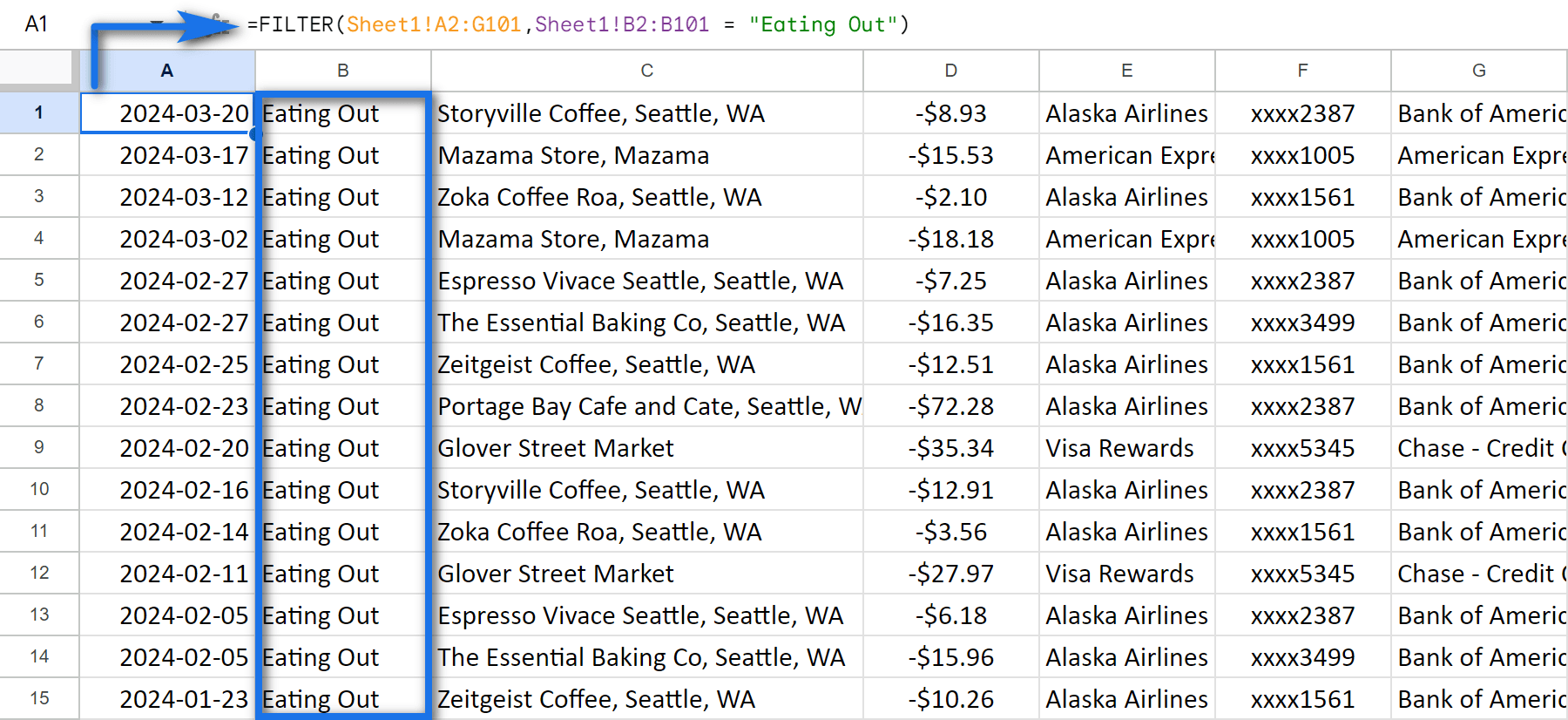 Use FILTER to split Google sheet or pull only certain data from the table.