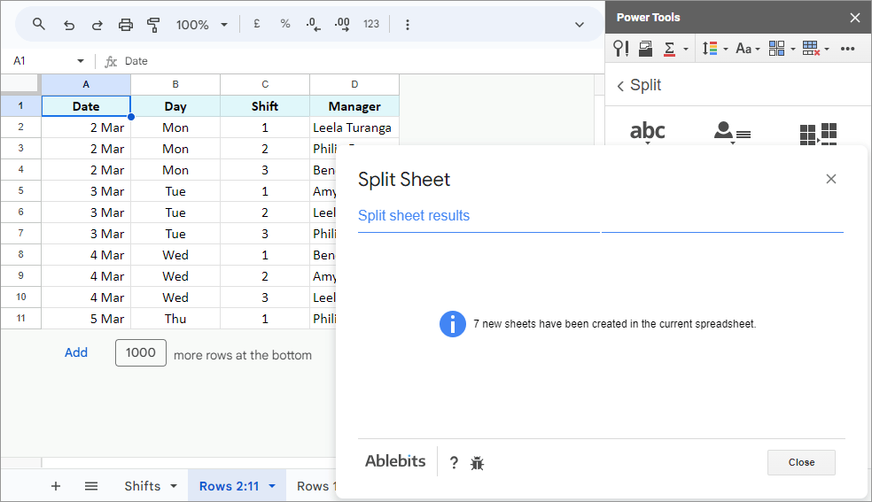 Get separate sheets per every 10 rows of your original data.