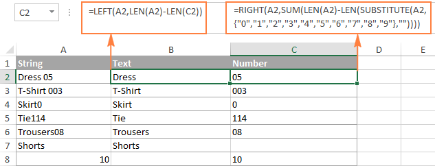 A column of strings is split to text and numbers