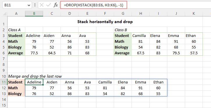 Stack two ranges horizontally and drop the last row.