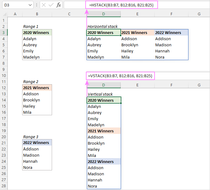 Stack Excel arrays horizontally or vertically.