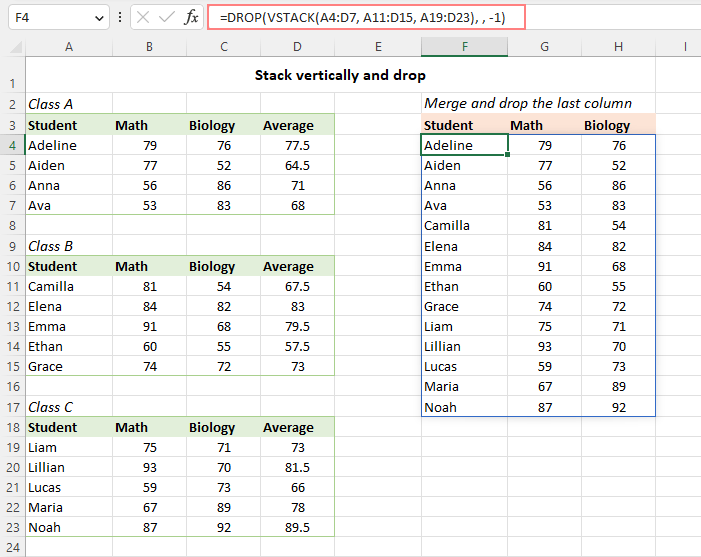 Stack several ranges vertically and drop the last column.