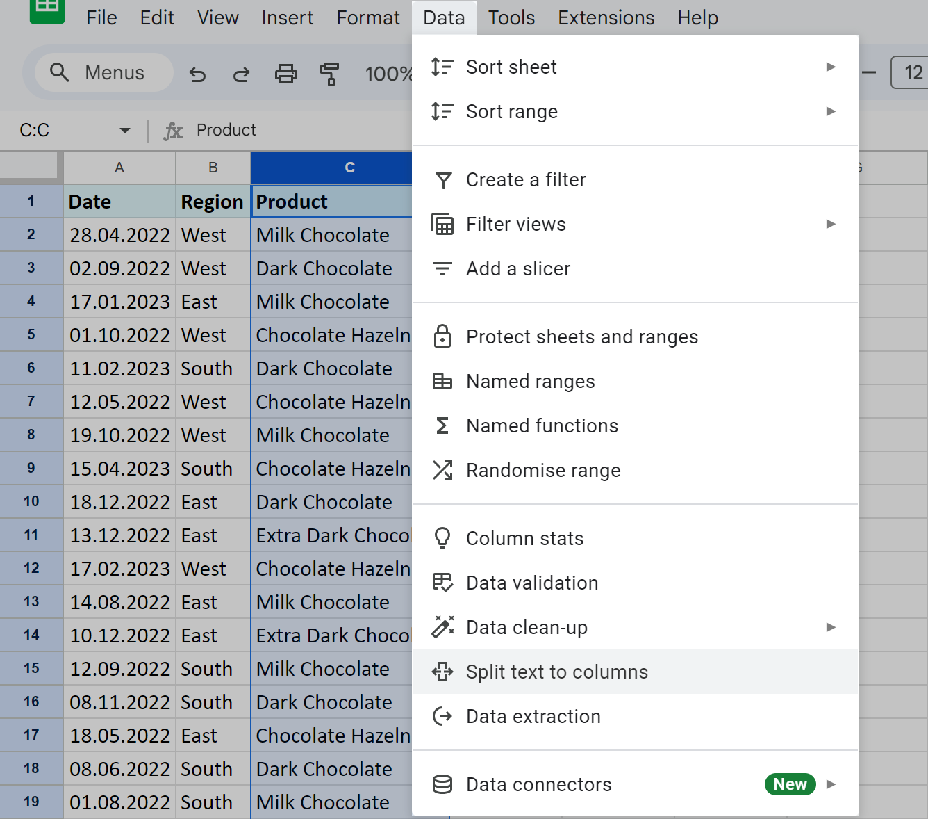 Google Sheets tool to split text to columns.