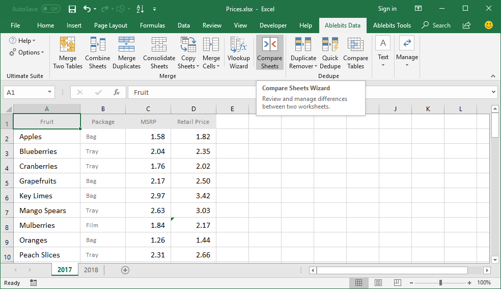 Click the <em>Compare Sheets</em> icon in <em>Ablebits Data</em> tab