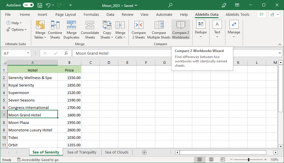 Start the tool by clicking the Compare Two Workbooks icon