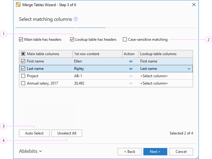 Pick matching columns.