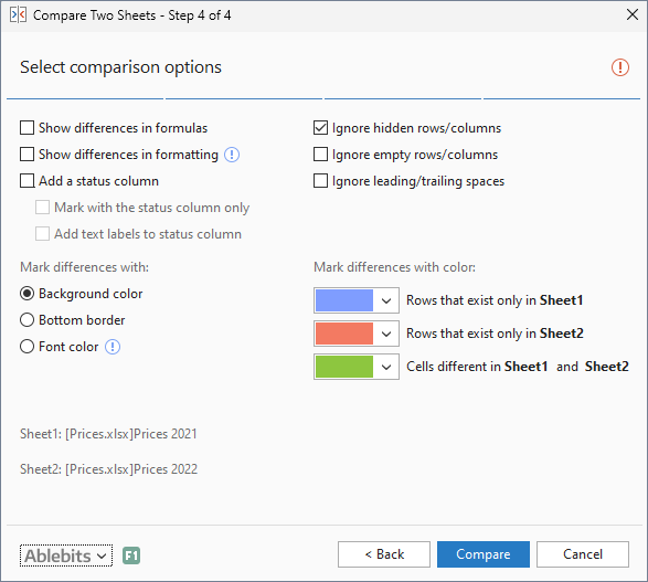 Choose comparison options.