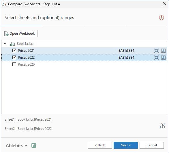 Choose the sheets to compare.