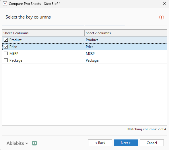 Specify key columns.