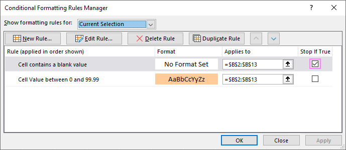 Stop conditional formatting if cell is blank.