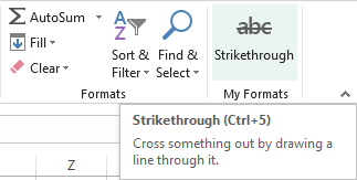 The strikethrough button is added to the Excel ribbon.