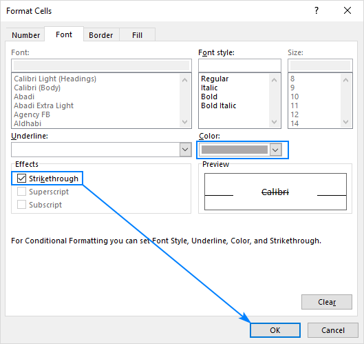 Select the Strikethrough effect.