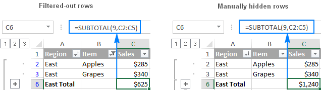 Excel Subtotal ignores filtered-out cells, but includes manually hidden rows