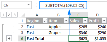 Subtotal only visible cells excluding manually hidden rows.