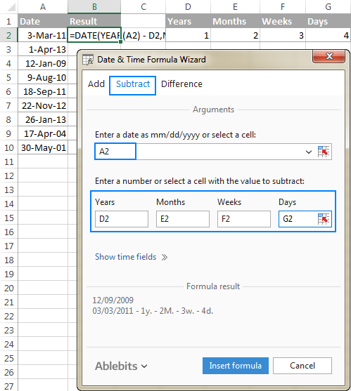 Making a formula to subtract years, months, weeks and days from date