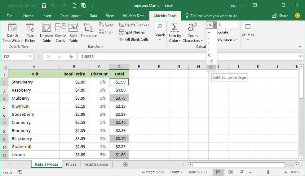 How to subtract percentage from a number in Excel